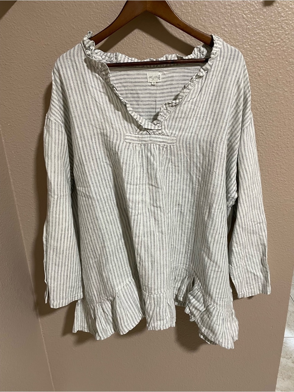 Meg by Design linen Striped Ruffle-Hem Tunic Top - Neutral Stripe
